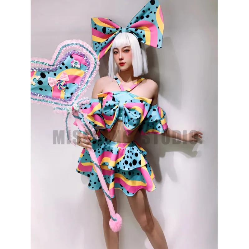 

Cute Puffy Skirt With Bow For Parades And Performances Cosplay Costume Amusement Parks Dress Sweet Rainbow Candy Girl Costume