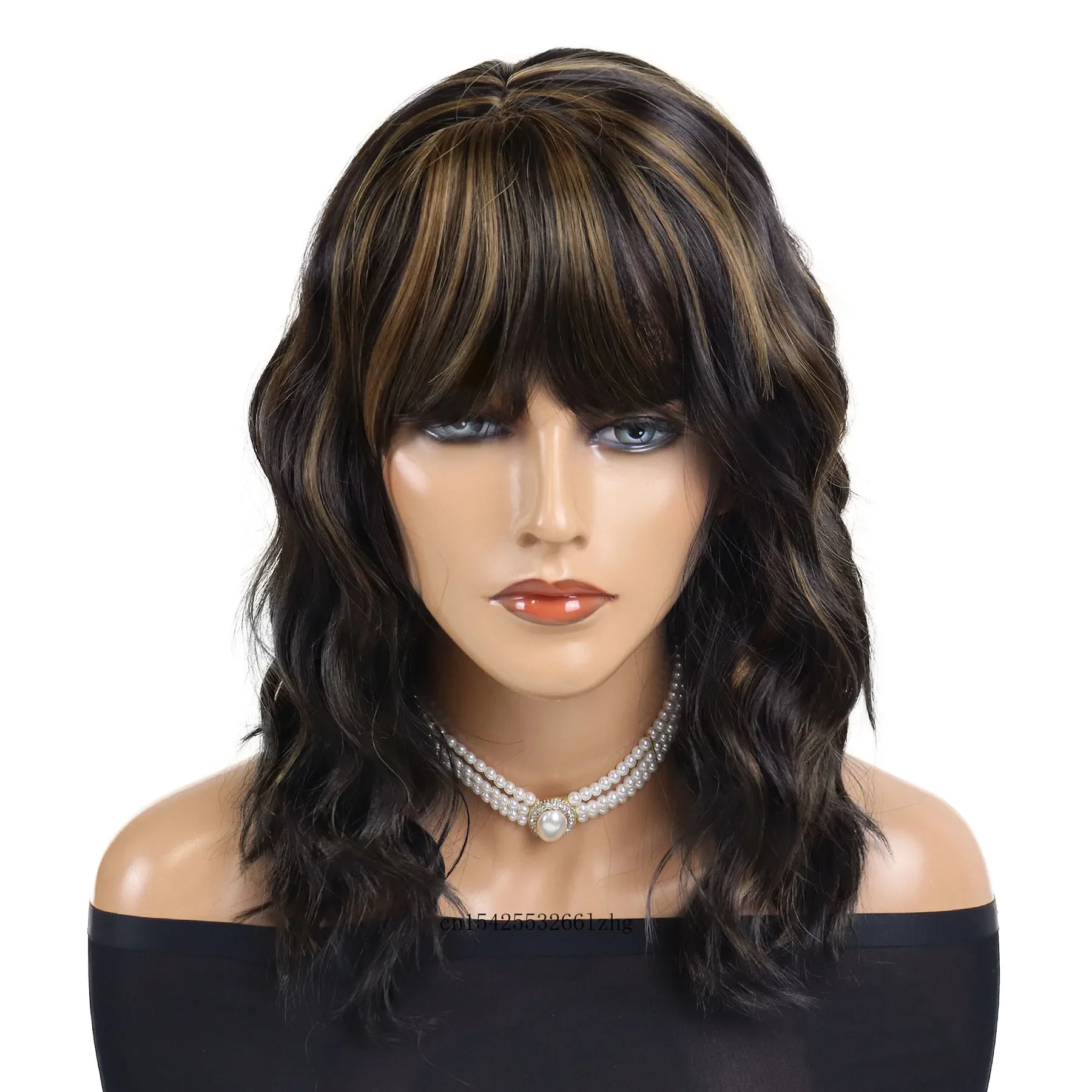 Synthetic Hair 18 inch Long Wavy Wigs with Bangs Mixed Brown Wigs for Women Heat Resistant Fiber Natural Wigs for Mother Daily