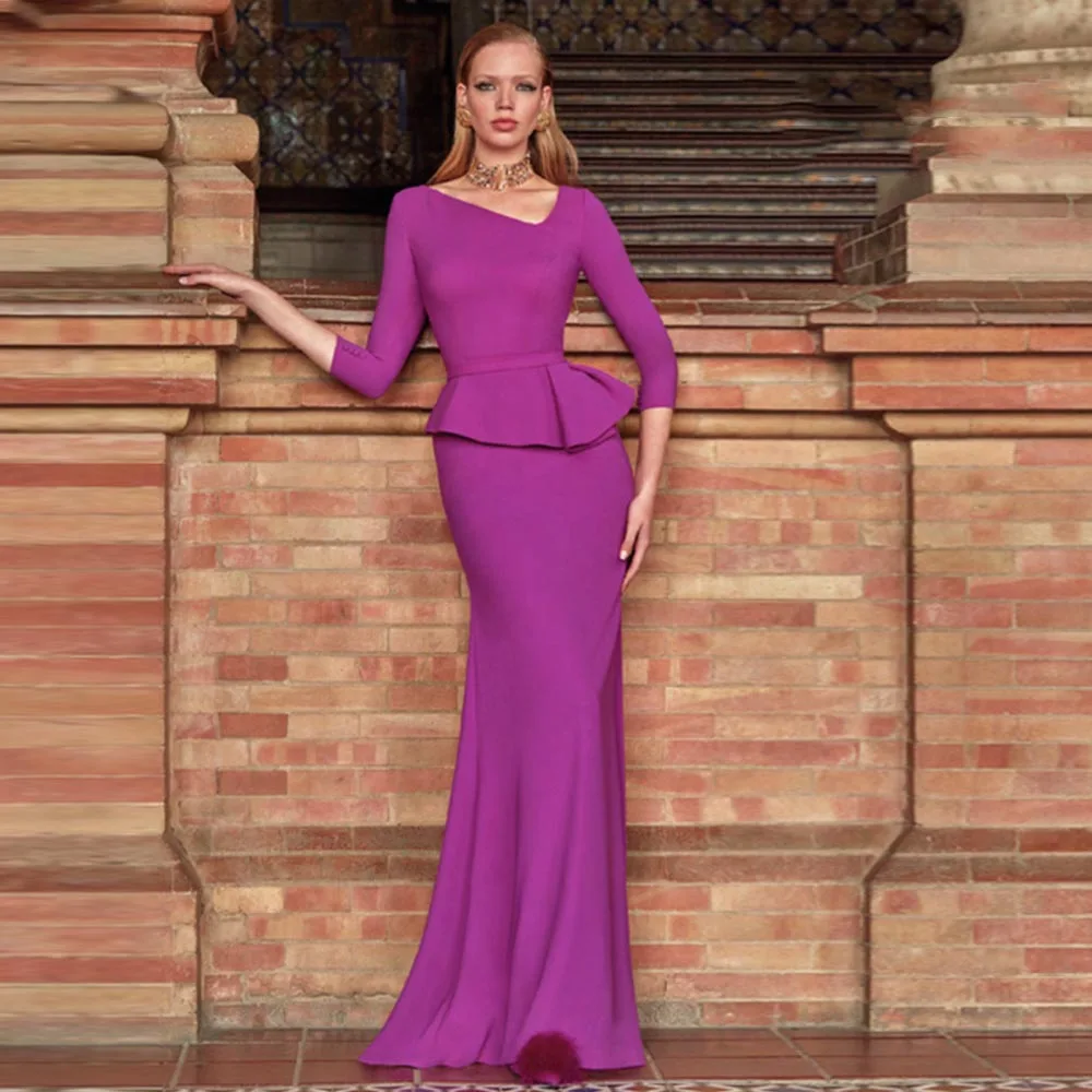 

Classic Purple Evening Dress V-Neck Straight Empire Sweep Train Zipper Back Sashes Buttons Half Sleeves Prom Dress Saudi Arabia