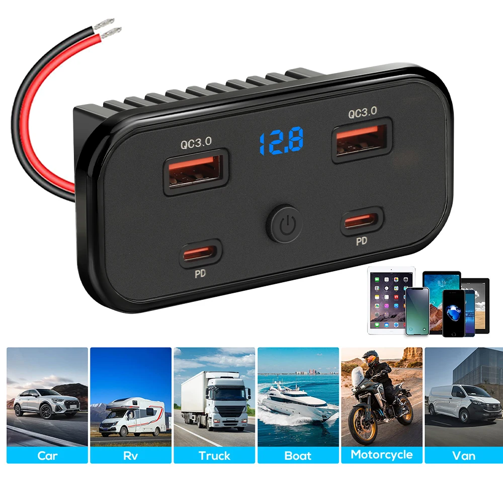 12V-24V 4 Ports Dual USB PD3.0 QC3.0 Steckdose 76W Typ-C Schnellladepanel Wandmontage-Ladeadapter für Marine Bus ATV LKW RV