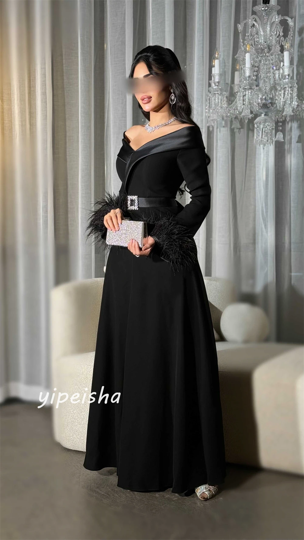 Customized Evening  Sexy Casual  Jersey Feather Draped Sash Party A-line Off-the-shoulder Bespoke Occasion Gown Long Dresses