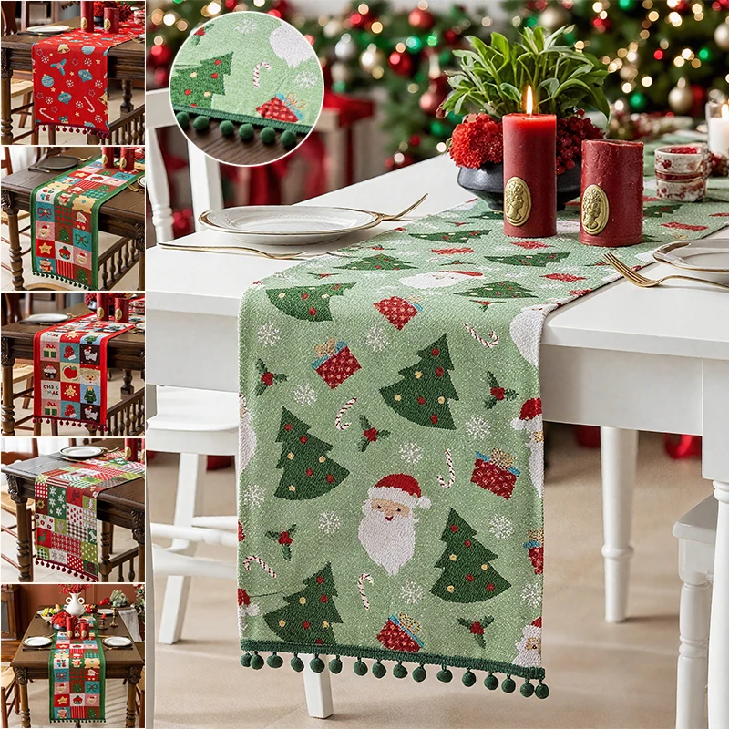 Nueva bandera de mesa de bola con borlas de Navidad, tela de lino de imitación, mantel largo duradero para gabinete, mesa de centro, decoración de cocina