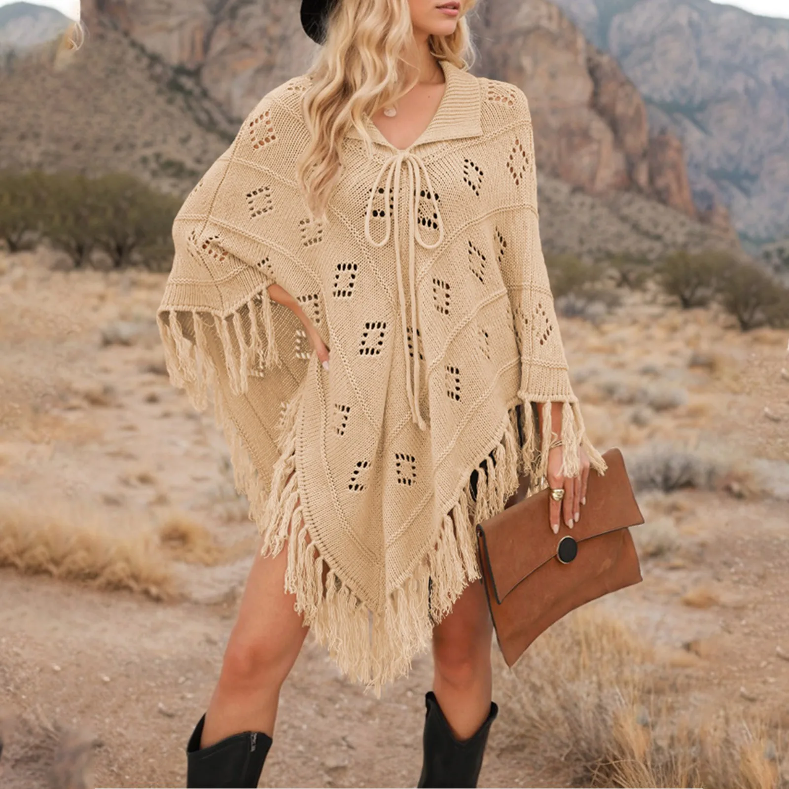 

""Women's Lace Hollow Out Kimono Robe Tassel Trim Cover Up Dress Oversized Cape Style Beachwear Resort Wear Boho Maxi Dress"