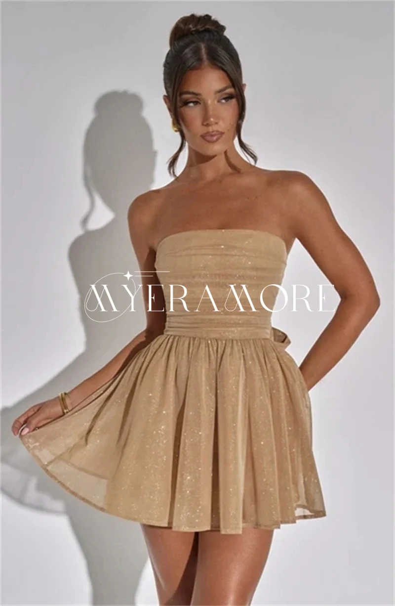 Abiti corti da ritorno a casa lucidi senza spalline per adolescenti Cinghie con fiocco Abiti da ballo a trapezio Occasioni formali Personalizzate فستانmavera