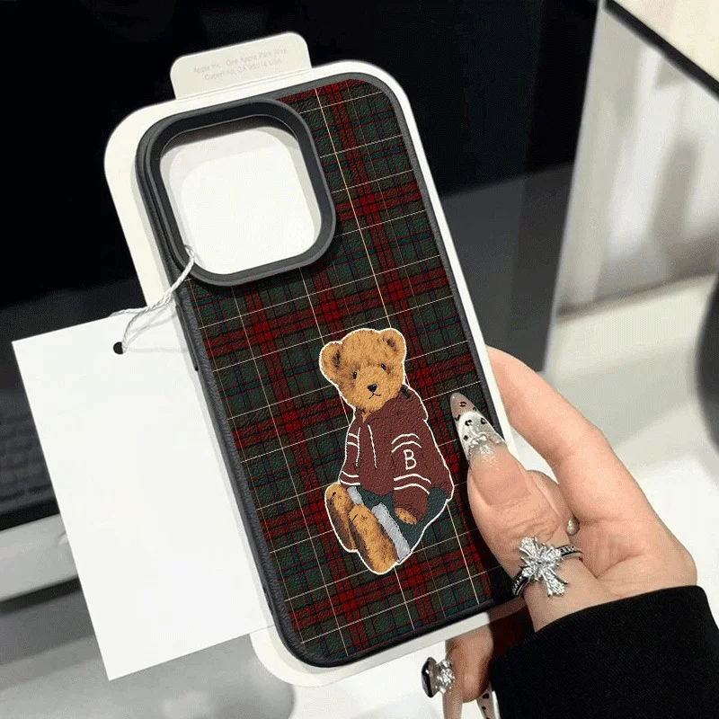 Grid Retro Teddy Bear Pattern Lychee Texture Phone Case For iPhone 17 16 15 14 13 X XS XR 12 11 Pro Max Plus 17 Air  Soft Cover view 3