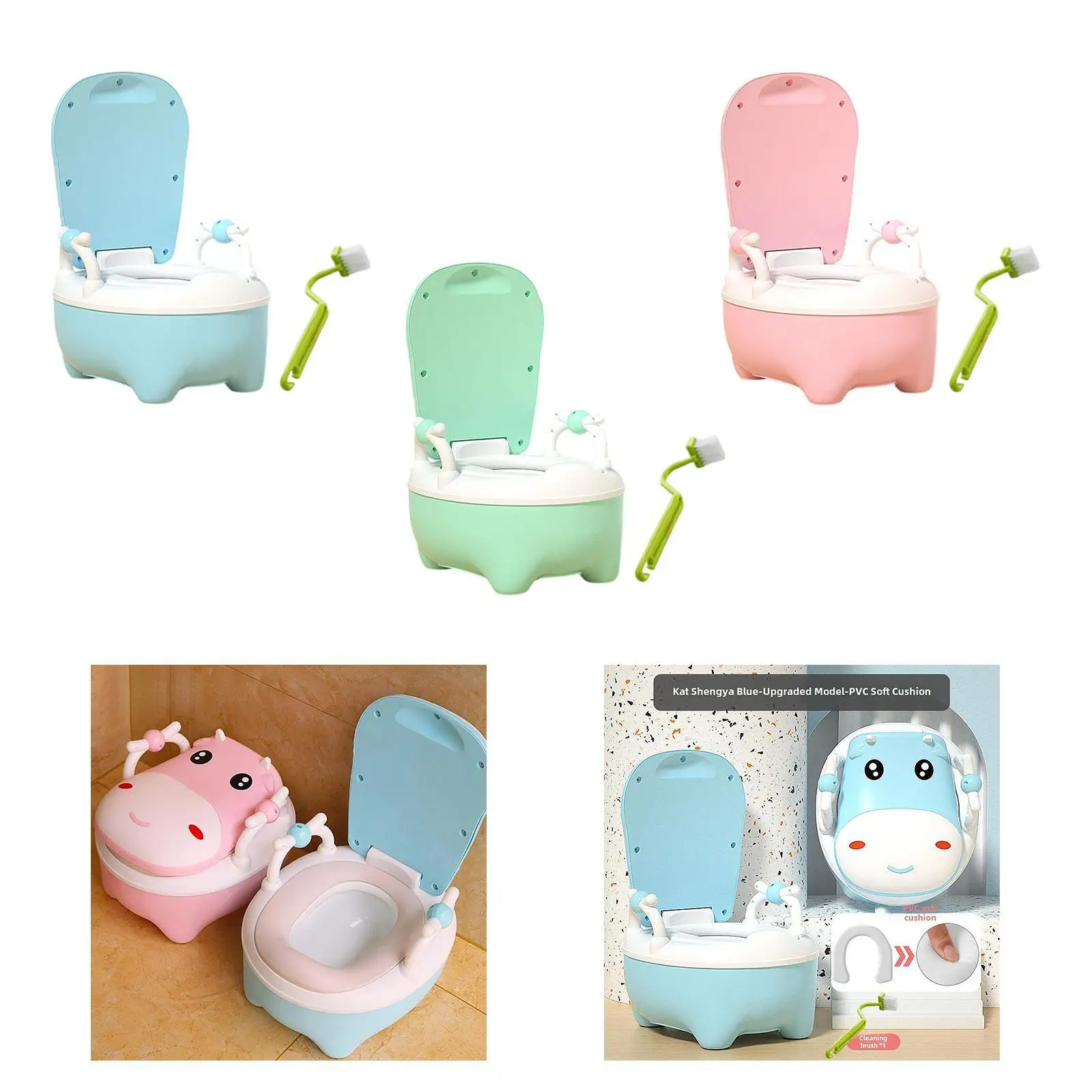 Toilet Training Potty (Brush Included) with Spilling Guard Cartoon Kids Potty Chair for Camping Outdoor Travel Indoor Boys Girls