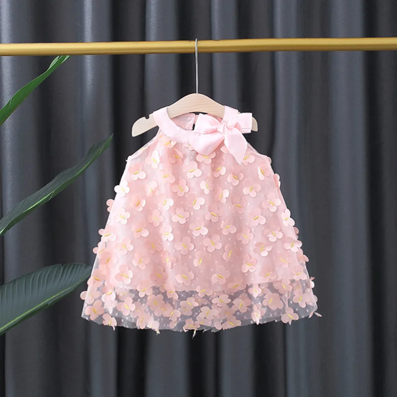 Summer Baby Girl's Dress Sweet Flower Embroidery Bowknot Sleeveless Neck Princess Daily Dress