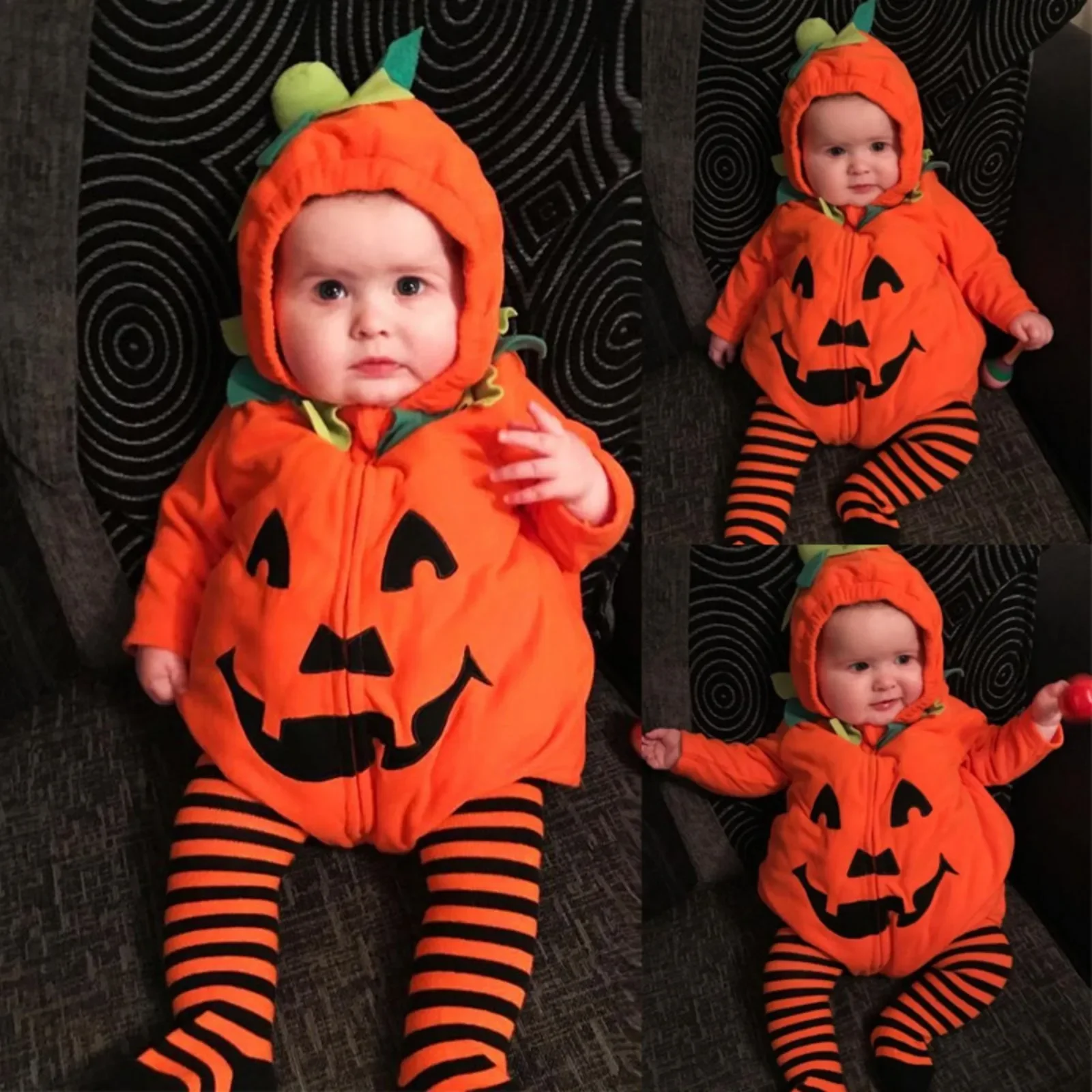 Halloween Pumpkin Costume For Infant Boys Girls Long-Sleeved Hood Jumpsuit Baby Party Cosplay Bodysuit Warm Soft Cotton Clothing