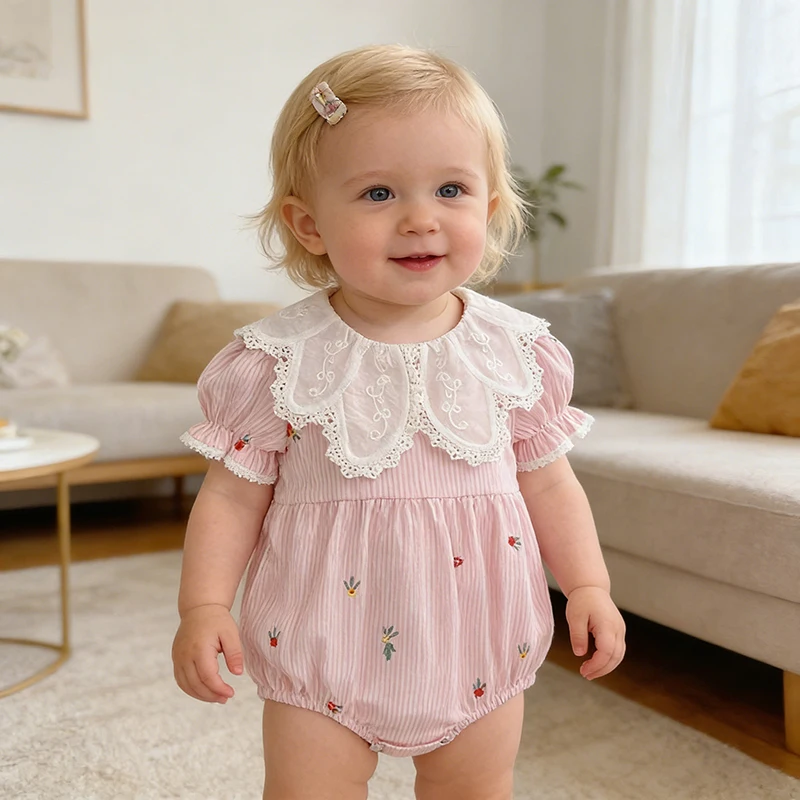 2026 Neuer Sommer 0-24M Säuglings-Kurzarm-Strampler Bestickter Baby-Body Neugeborenen Koreanischer Stil Gestreifter Süßer Strampler
