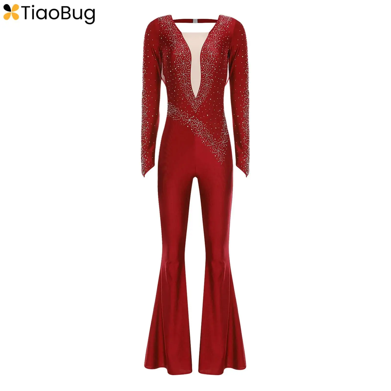 

Women's Glittery Rhinestone Latin Dance Jumpsuit Long Sleeve Ruched Mesh Bell Bottom Long Pants Rompers Cha-cha Jazz Dancewear