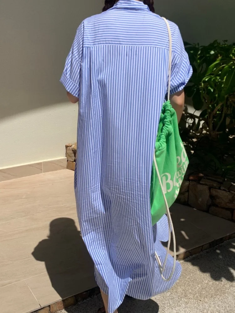 ชุดเดรสสตรีแขนสั้นทรงหลวมสีฟ้า, เดรส busana Casual แฟชั่น2024