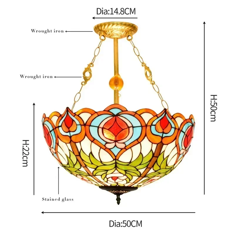 20 Inch Restaurant Tiffany Light Vintage Colorful Country Peach Stained Glass Dome Lampshade for Decorated Semi Pendant Lamp