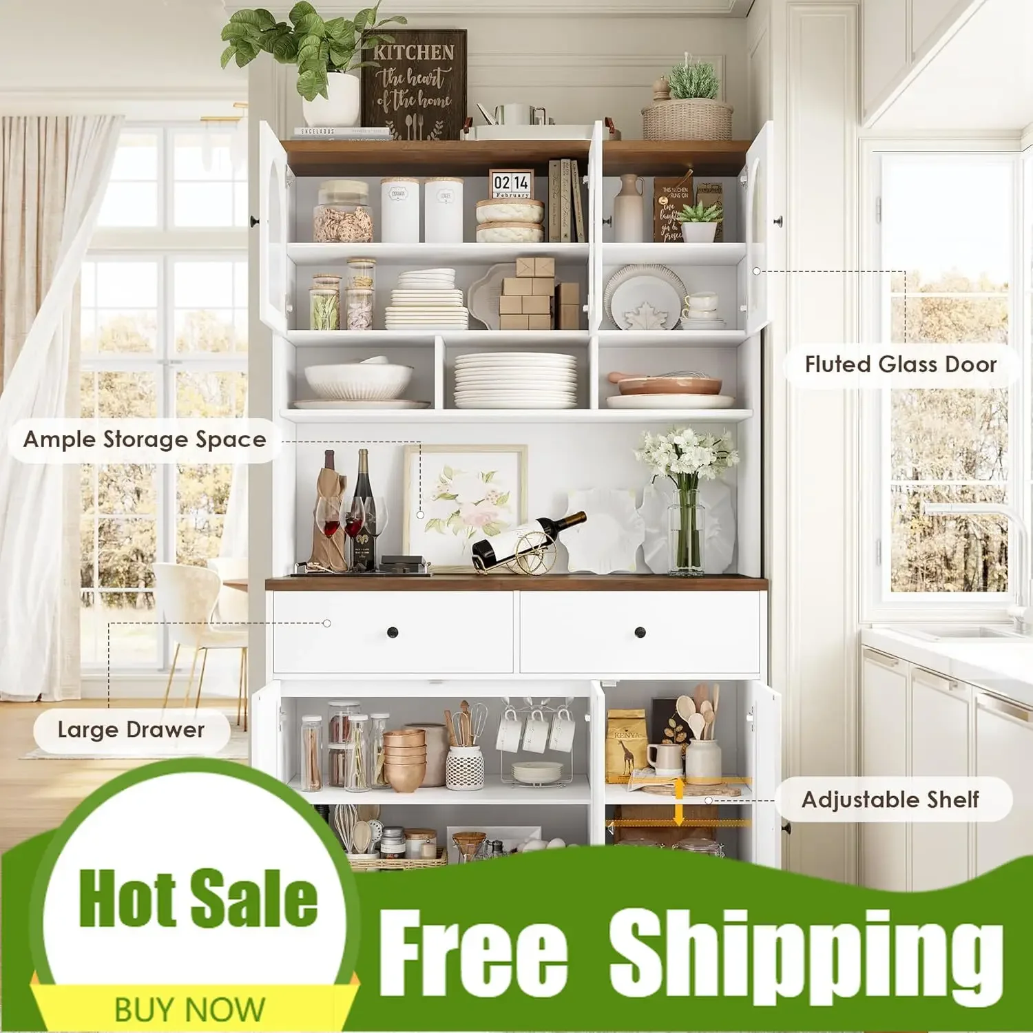 ベストセラー！今すぐ購入！ ]プレミアム71インチパントリーキャビネット、電子レンジスタンド付きキッチンパントリー収納キャビネット、モダンなキッチンハッチF