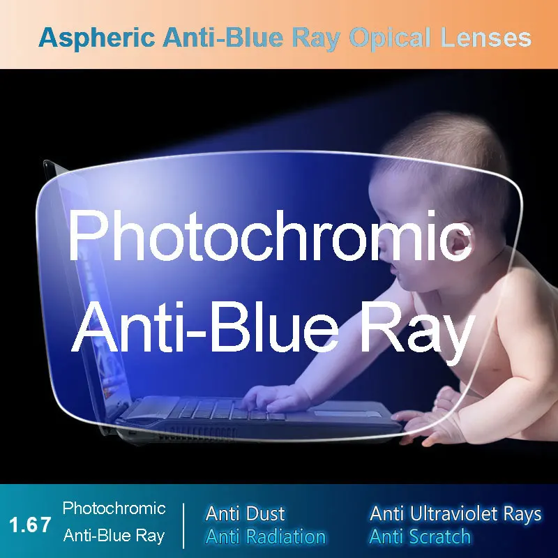 1.67 Anti-Blue Ray Aspheric Photochromic Gray Lens Optical Lenses Prescription Vision Correction Computer Reading Lens