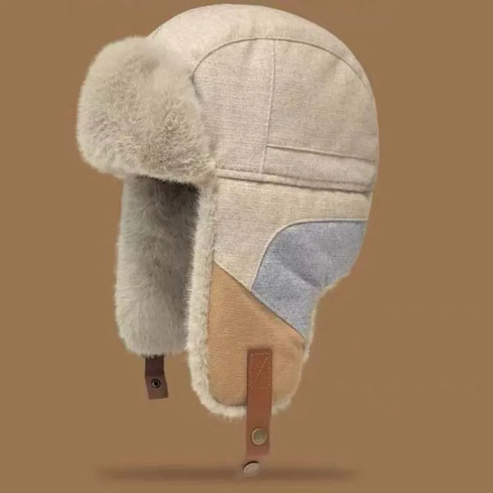 Farbblock-Wintermütze mit Fleece-Futter, Ohrenklappen, winddicht, windresistent, dicke, thermische Patchwork-Skimütze – Detail 9