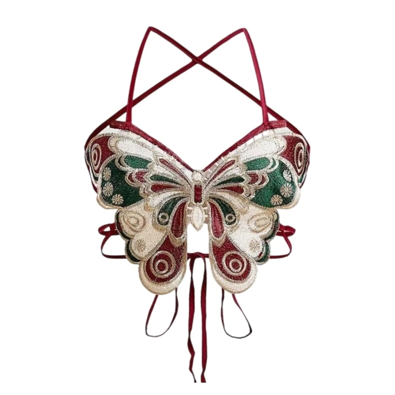 Women Butterfly Embroidery Bras Sexy Sleeveless Tie Camisole Crop Top