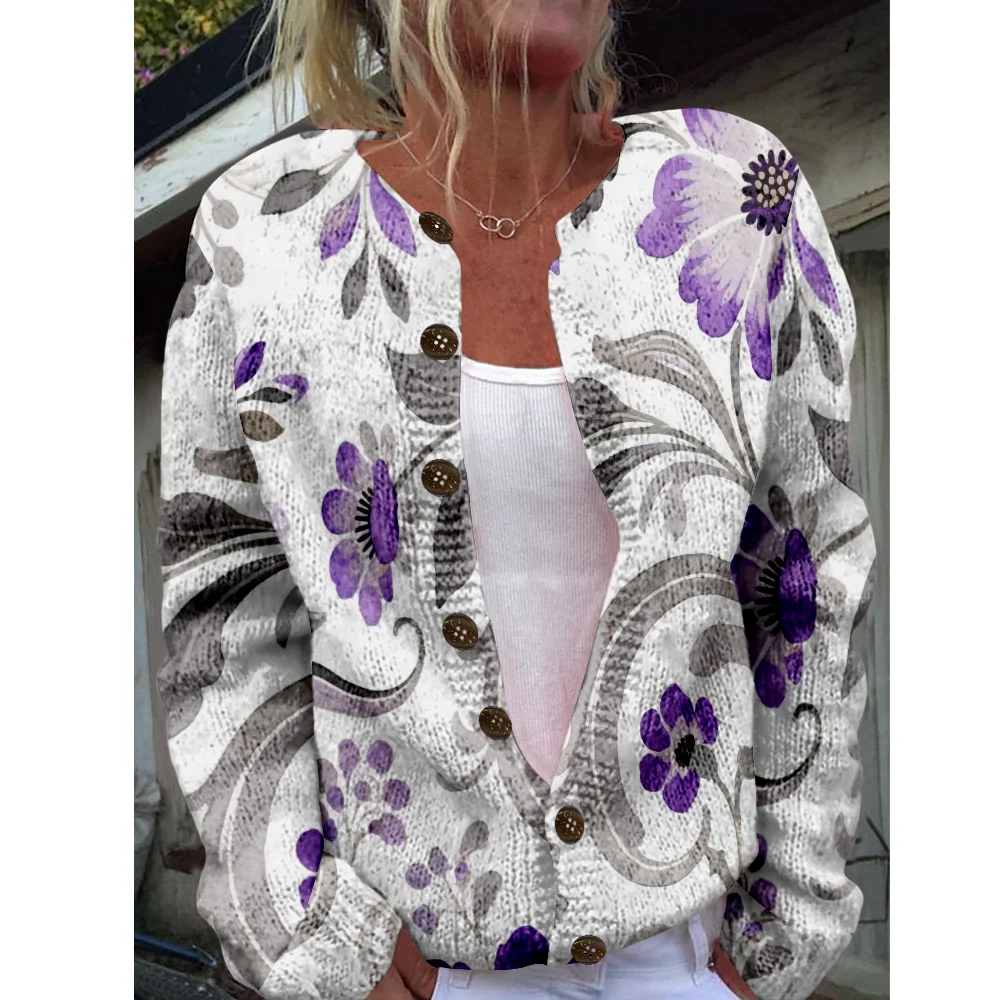 

Осень-зима вязаный милый кардиган с цветочным принтом, свитер, уличная одежда, женские свитера, вязаный топ, повседневные крутые джемперы, модные