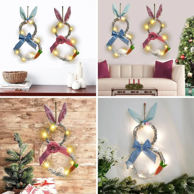 Rabbit Garland Easter Rattan Ring With Lights Rabbit Ears Rattan Circle Wreath Ornaments Front Door Wall Decor Luminous Pendant