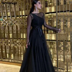 Customized A Line Black Arabic Evening Gowns See Through Long Sleeve O-Neck Women Party Dress Formal Prom Gowns With Sashes 2023