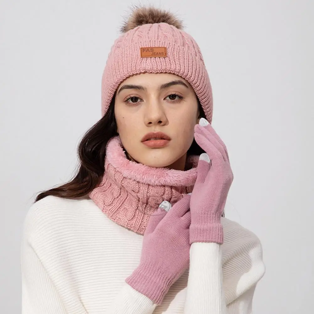 أزياء الشتاء المرأة بيني وشاح قفازات مجموعة سميكة قبعة صغيرة متماسكة قبعة مع بوم الطقس البارد الدافئة لمس قفازات