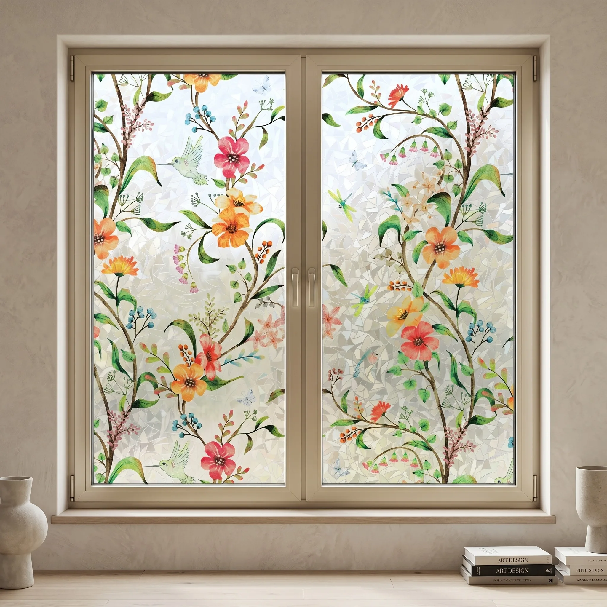 Floral Hummingbird Sichtschutz-Fensterfolie, statisch haftender 3D-Regenbogen-Glasaufkleber für die Dekoration von Zuhause und Badezimmer