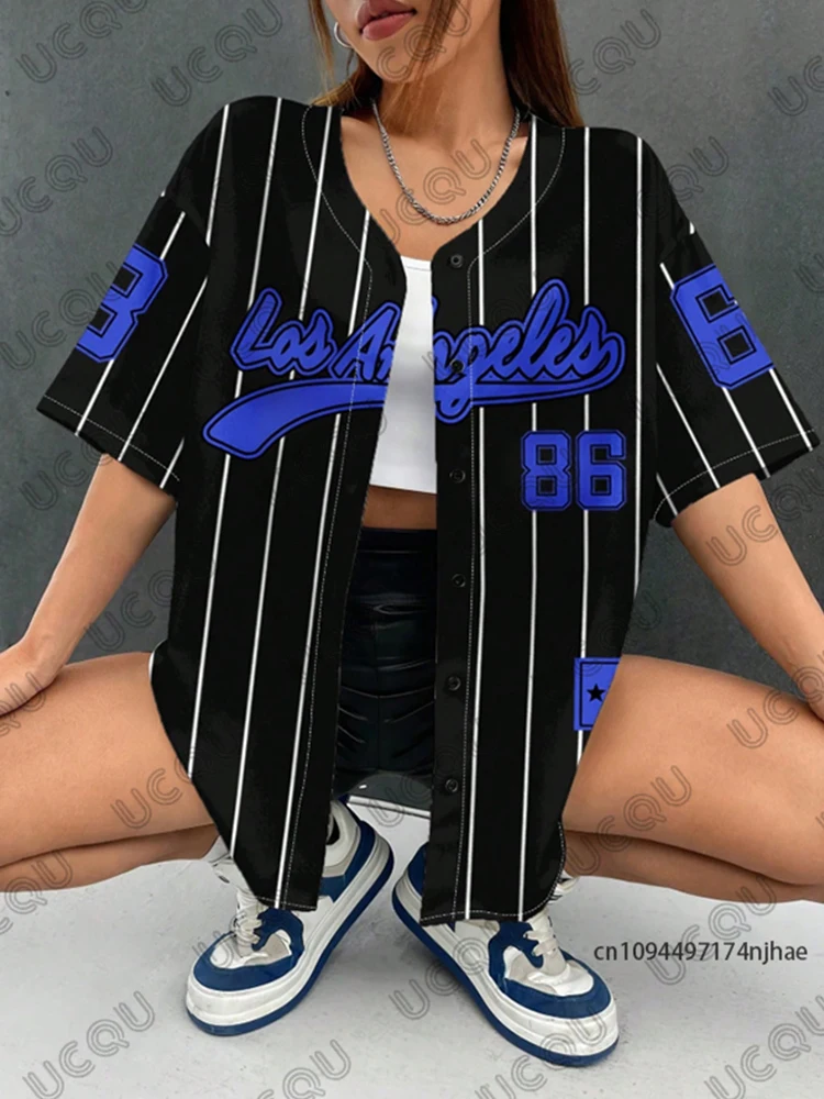 Red LA 86 Stripe Baseball Shirt | Summer Streetwear Button Up Top for Women Men
