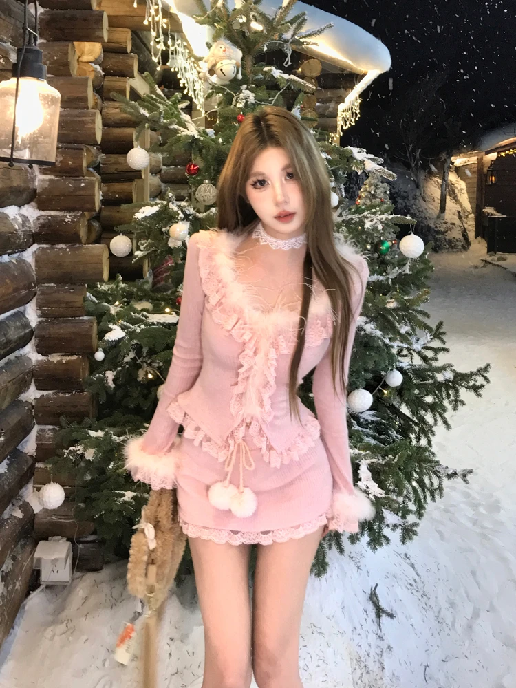 Korean Sweet Sexy Slim 2 Piece Skirt Suits Female Fairy Bodycon Faux Fur T Shirt＋High Waist Lace Tight Skirt Autumn Skirt Sets