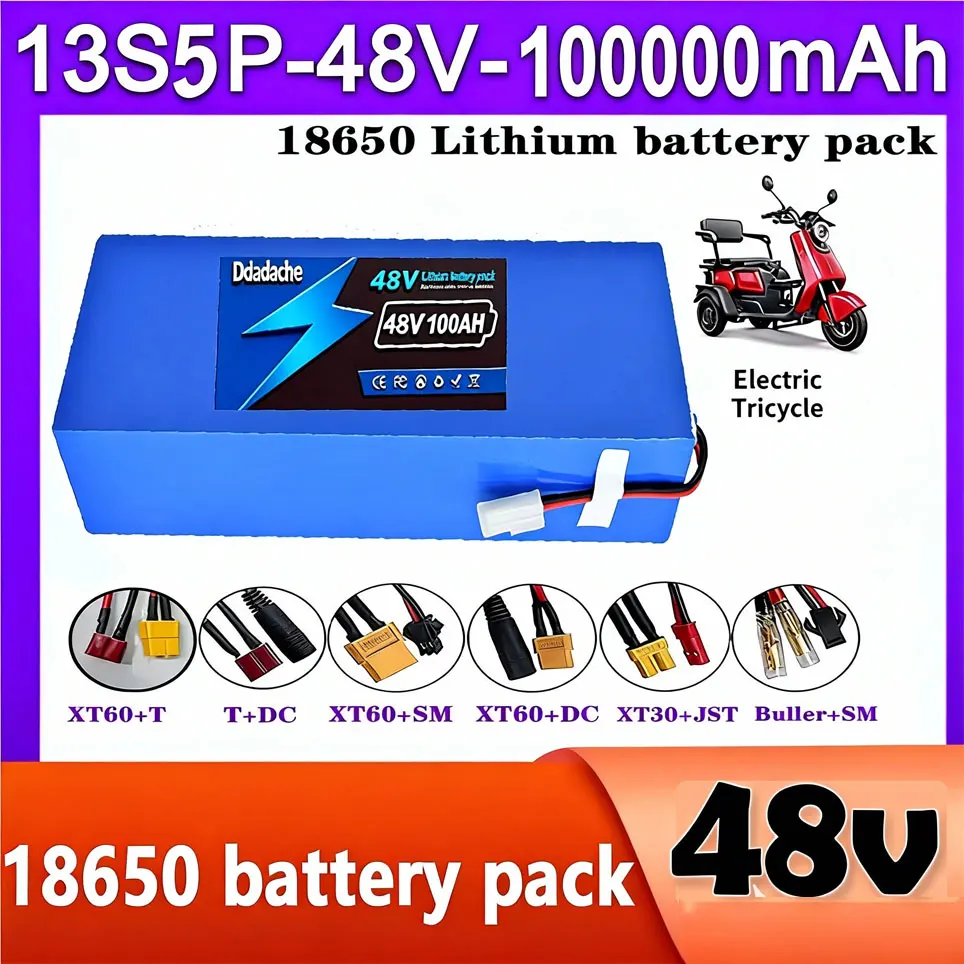 Pack de batteries 18650 13S5P 48V 100000mAh pour moteur 500-1000W, batterie au lithium rechargeable avec BMS intelligent