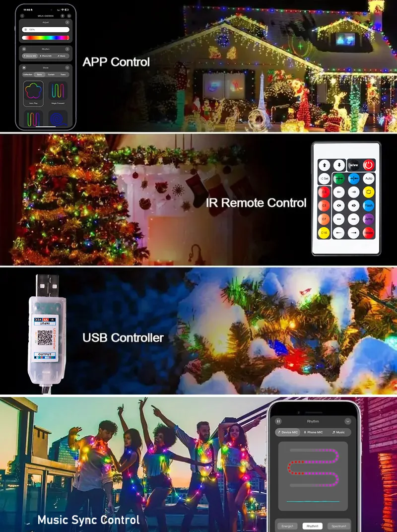 Светодиодная гирлянда RGB 20 м 10 м 5 м DIY Smart RGBIC APP Bluetooth Remote Fairy Lights Dreamcolor Garden Party Рождественская елка Свадебный декор