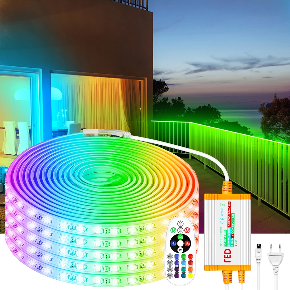 Tira de luces LED RGB 220, cinta Flexible impermeable IP67, 5050 V, 4 pines, 1500W, Control remoto IR regulable para jardín al aire libre