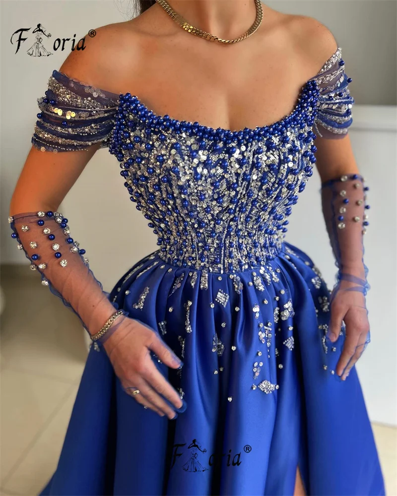 Royal Blue Off the Shoulder Beaded Evening Dresses with High Slit A Line Pleats Silver Crystals Prom Party Gown Plus Size Custom