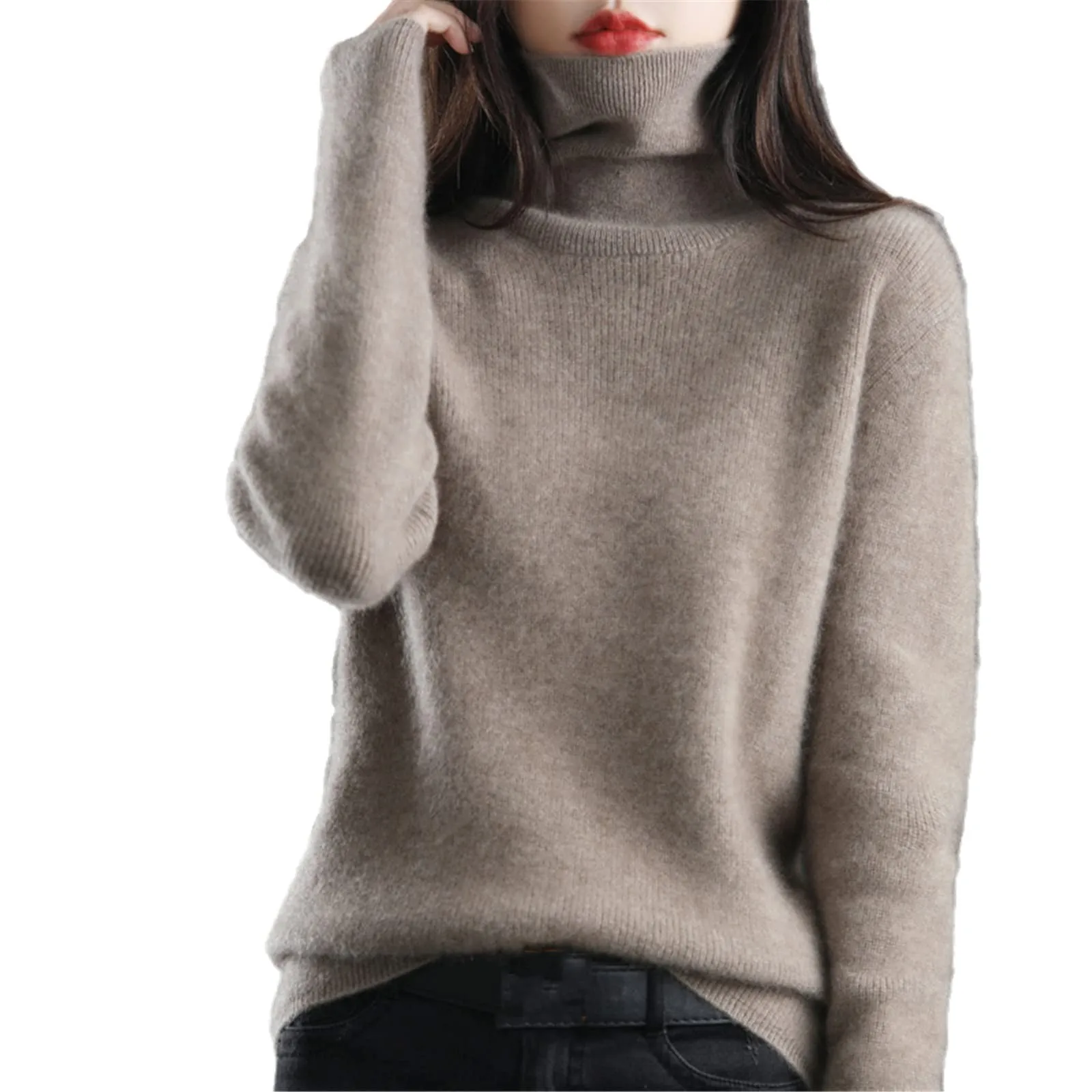 Women\'s Sweater Pullover Cashmere Pullover High Neck Wool Casual Knit Tops Autumn Winter Jacket Warm Pullover