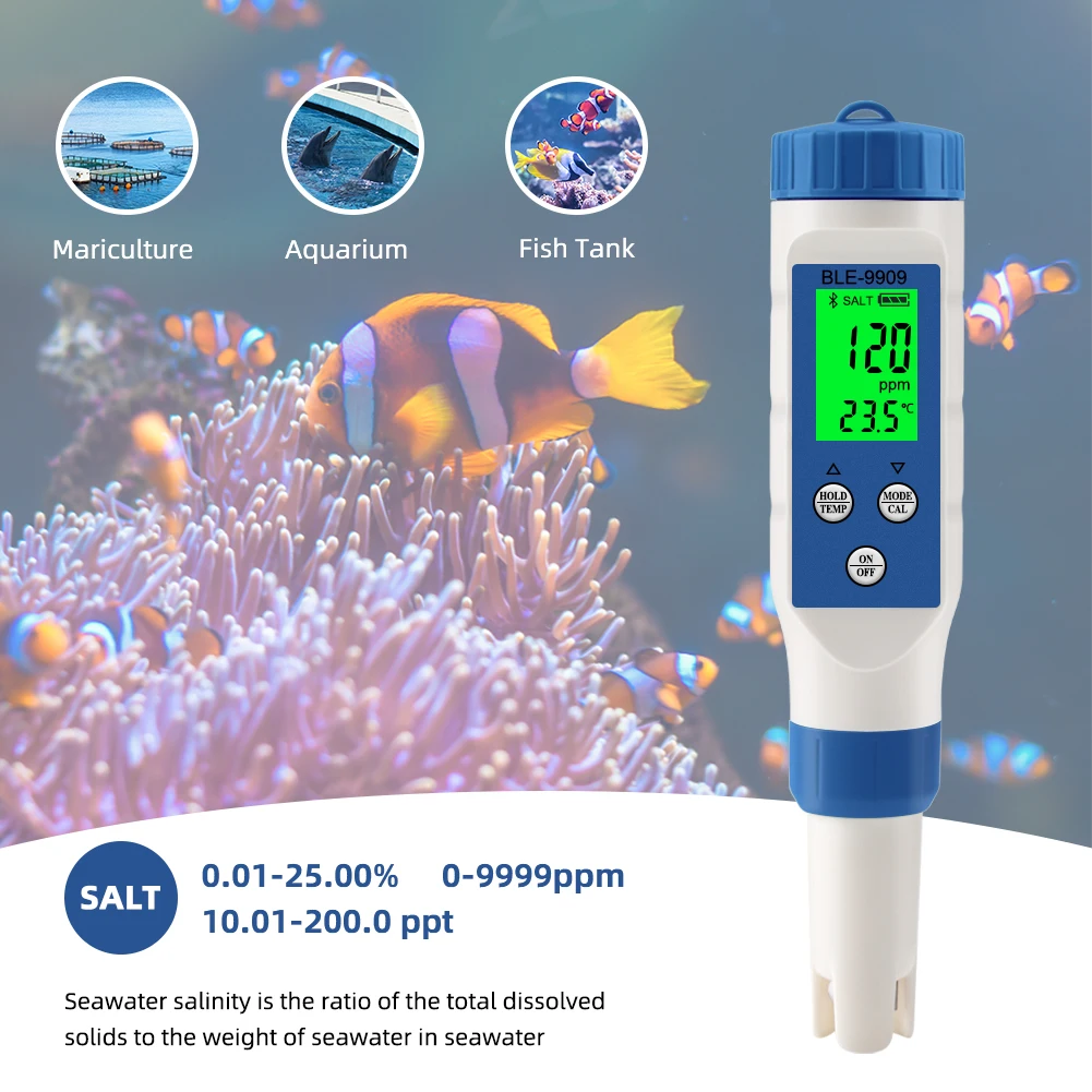 Smart 5 in 1 Salinity EC TDS Temp pH Meter Bluetooth Water Quality PH Tester APP Control for Aquarium Swimming Pool Fish Tank