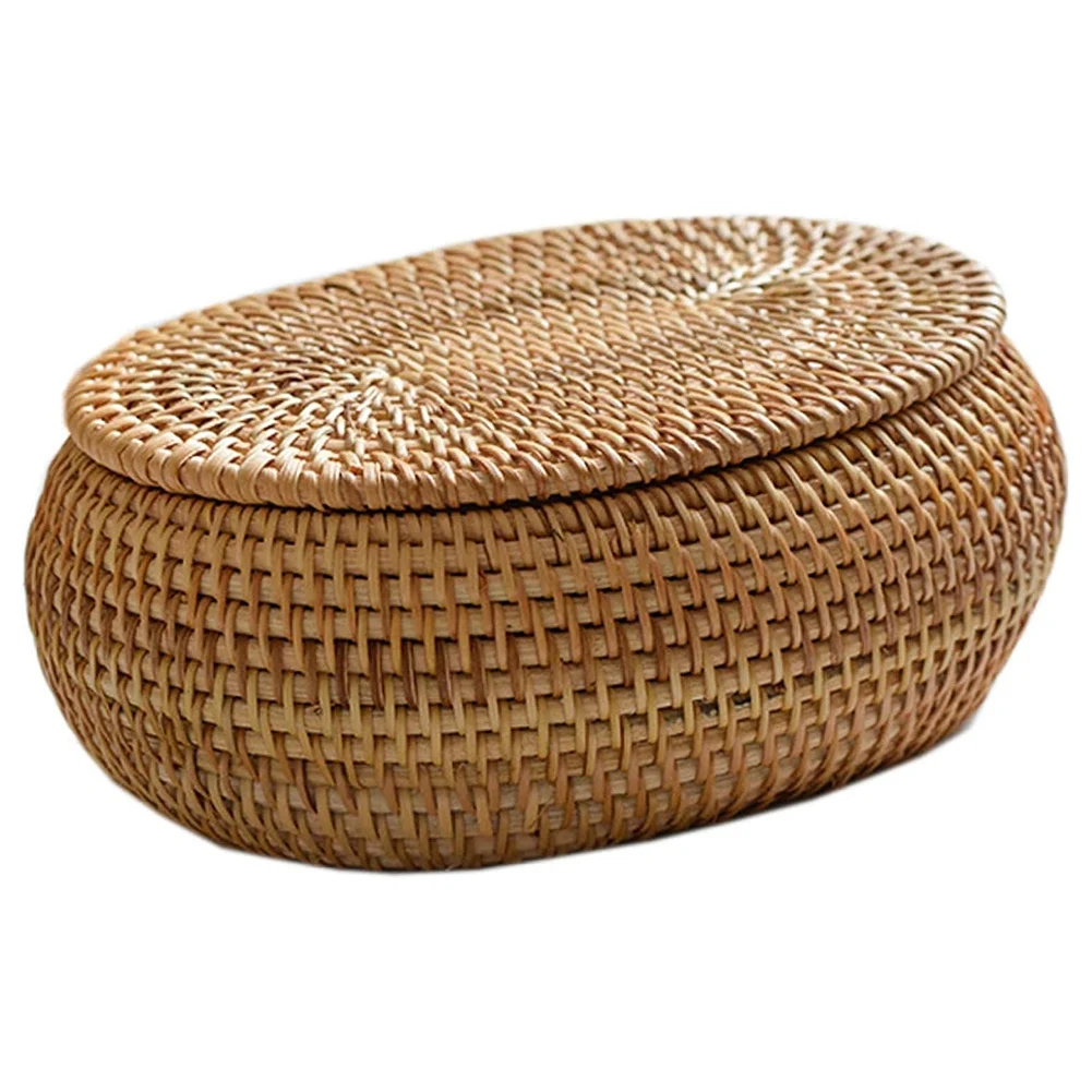 2027 SEWS-Rattan Box Storage Baskets With Lid, Rattan Basket, Handwoven Round Woven Basket, Desktop Decorative Box For Home,Offi