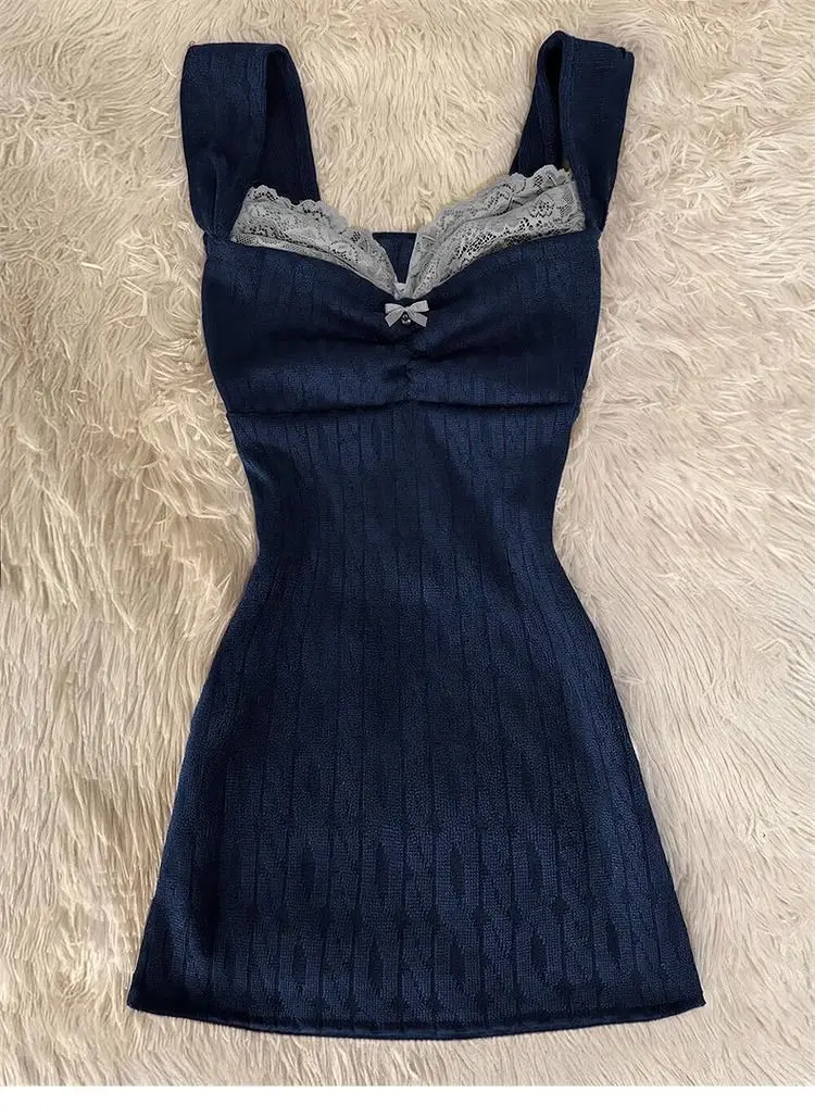 

New In Dresses Y2k Sweet Sling Slim Goth Lace Bow Short Dress Punk Backless Vintage V-neck Aesthetic Women Harajuku Retro Summer