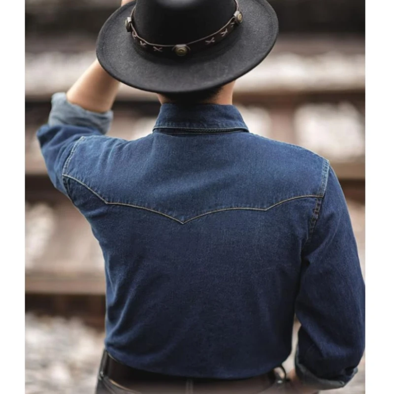 Heavyweight Classic Mens Cargo Denim Shirt Cotton Wear-resistant Washed Cowboy Cardigan Pockets Single Breasted Tooling Tops