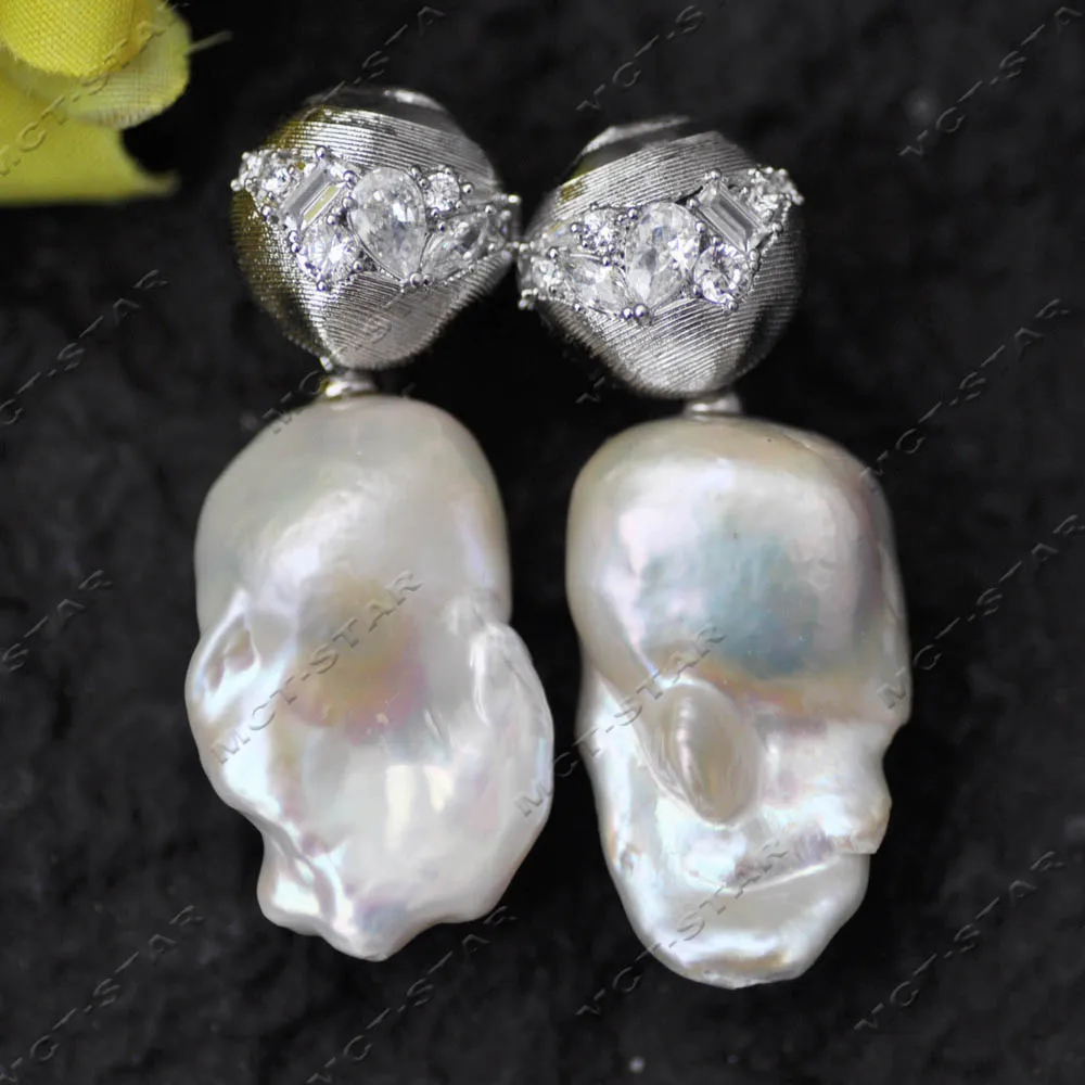 Z14210 Big 32mm White Baroque Reborn Keshi Pearl Planet Fission CZ Dangle Earring Earrings 
