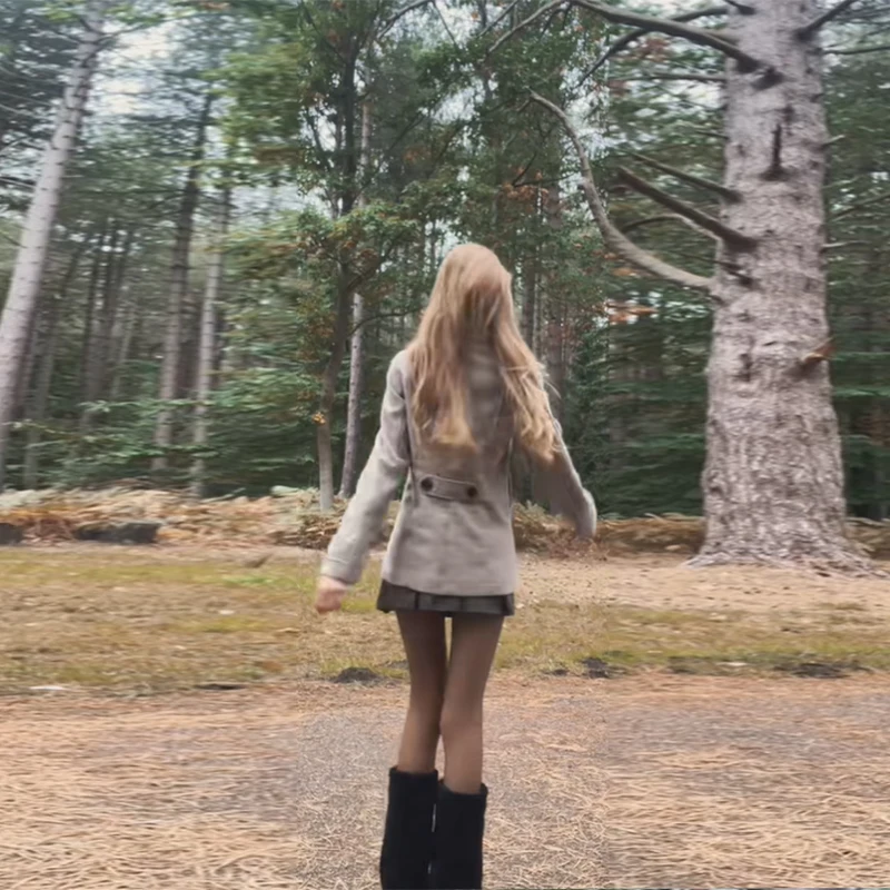 Stand Collar Winter Jacket for Women Double Breasted Pockets Coat Slim Waist Cinched Outwear 2025 New Fashion Lady Woolen Coats