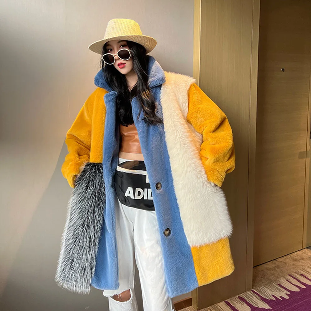 

2023 Winter Faux Fur Coat For Women Furry Warm Splice Contrast Color Blue Imitate Lamb Wool Fur Jacket Long Coats Cardigan Women