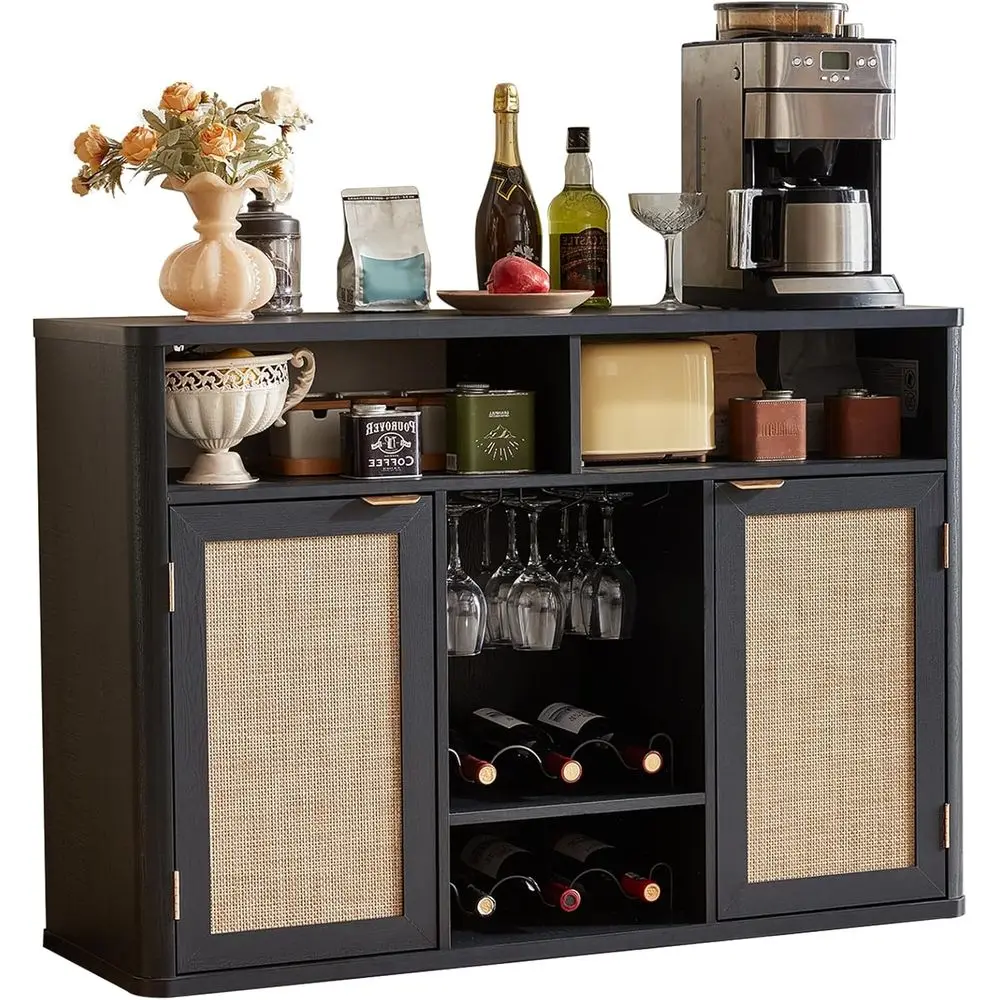

Wine Cabinet with Double Doors, Bohemian Style Liquor Cabinet, Ideal for Living and Dining Spaces, Kitchen-Friendly, Black