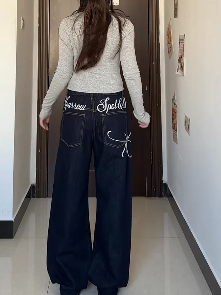 

Large Size American Washed Letter Embroidery Wide Leg Jeans Women's Autumn Winter New Loose Casual Straight Tube Long Pants