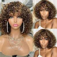 Debut Short Pixie Bob Cut Human Hair Wigs With Bangs Jerry Curly Full Machine Wig Highlight Honey Blonde Colored Wigs For Women 3