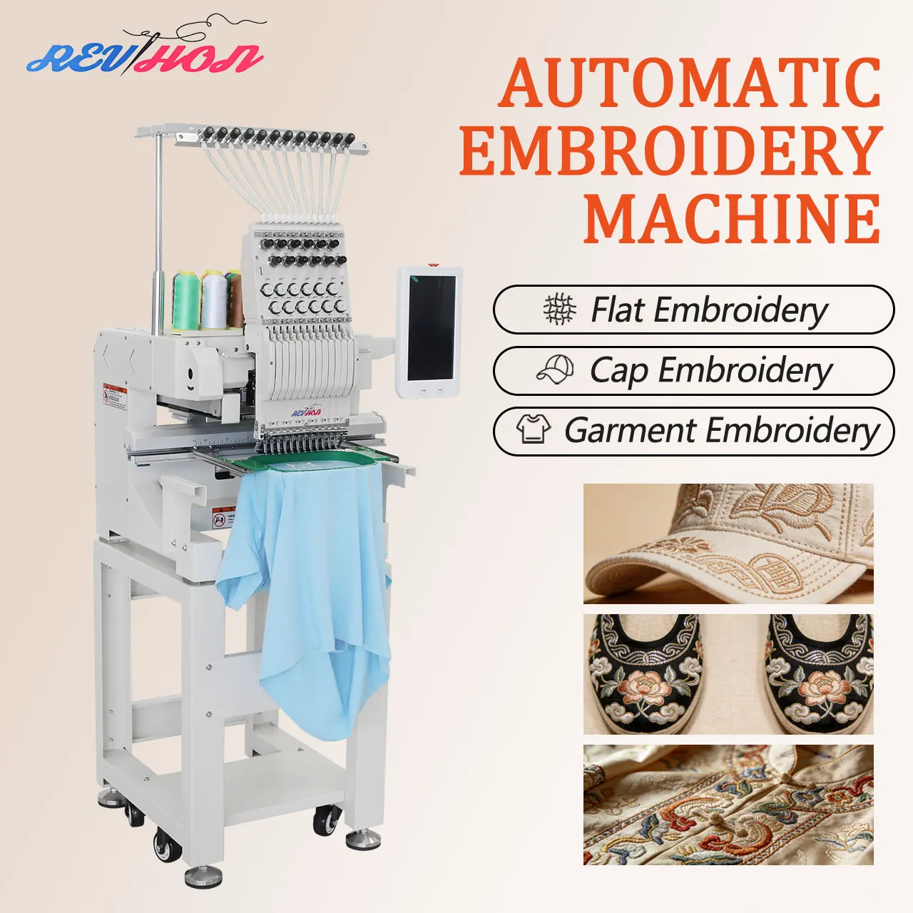 REVHON Professional Embroidery Machine Single Head Computer Embroidery Machine 9 Needles Easy to Use 10 Years Service