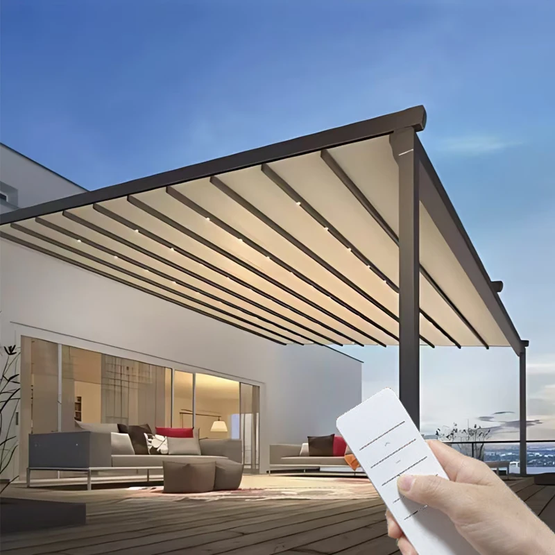 

Моторизованный алюминиевый выдвижной тент для перголы, водонепроницаемый уличный терраса, садовый козырек от солнца, навес с дистанционным управлением, всепогодная погода