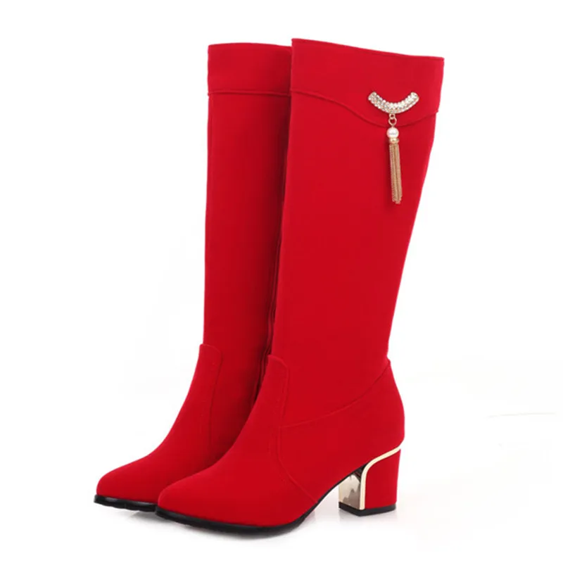 

Autumn Winter Knee High Boots Women Black Red Flock Women's High Boots Luxury Casual Low Heels Fashion Long Party Shoes Female