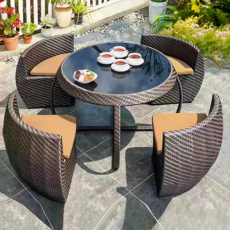 

Outdoor rattan chair five-piece set, sun protection and rain protection, open-air household rattan circular homestay creative st