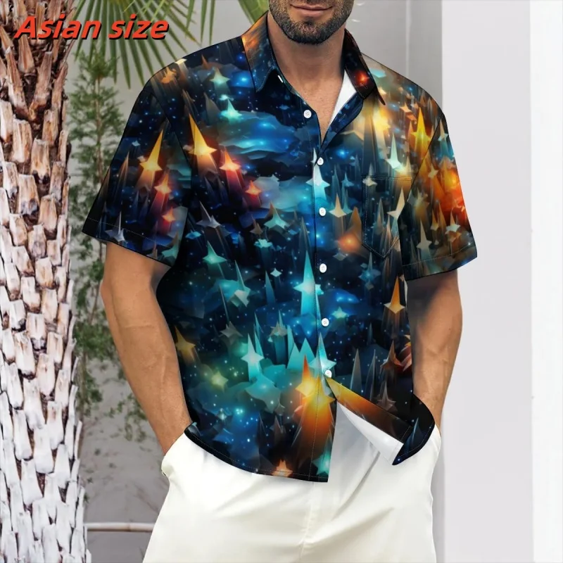 3D Printed Fireworks Cat Aloha Shirt For Men Colorful Stars Pattern Blouse Summer Loose Short Sleeve Lapel Tops Hawaiian Shirts