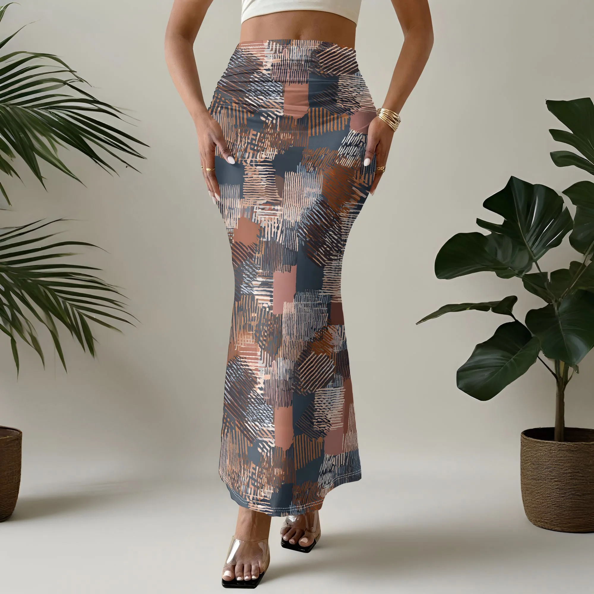 Abstract Print Mermaid Skirt, Geometric Pattern Midi Skirt, Bodycon Pencil Skirt for Women, Party Club Wear, S-2XL