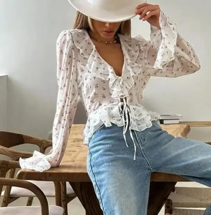 

Fashion 2025 Elegant Temperament Chiffon Print Autumn Slim Fit Sexy V-Neck Flared Sleeves Lace Up Ruffle Edge Shirt for Women
