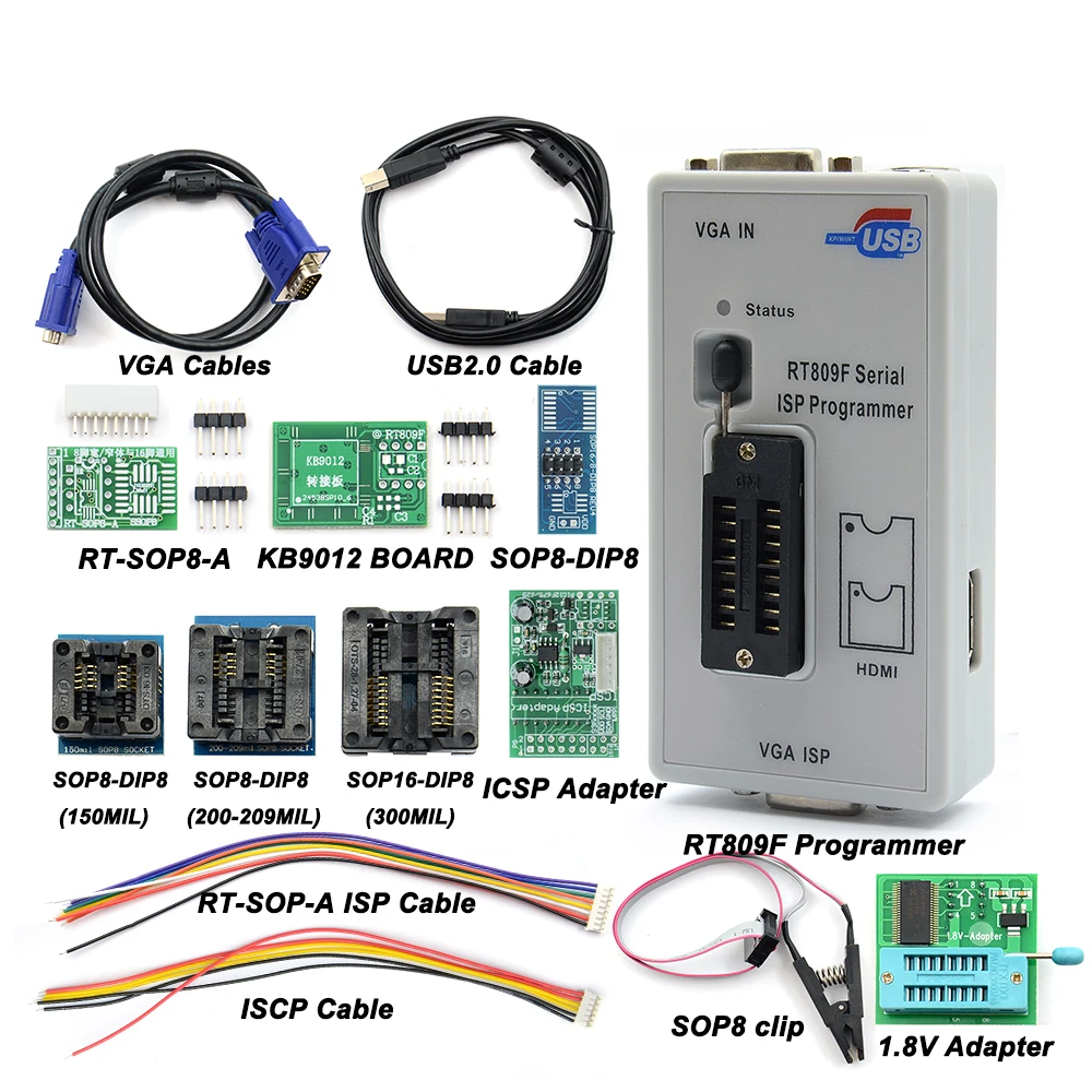 Original RT809F Serial ISP Programmer +16 adapters +1.8v adapter+SOP8 test clip+EDID cable +ICSP bios universal programmer